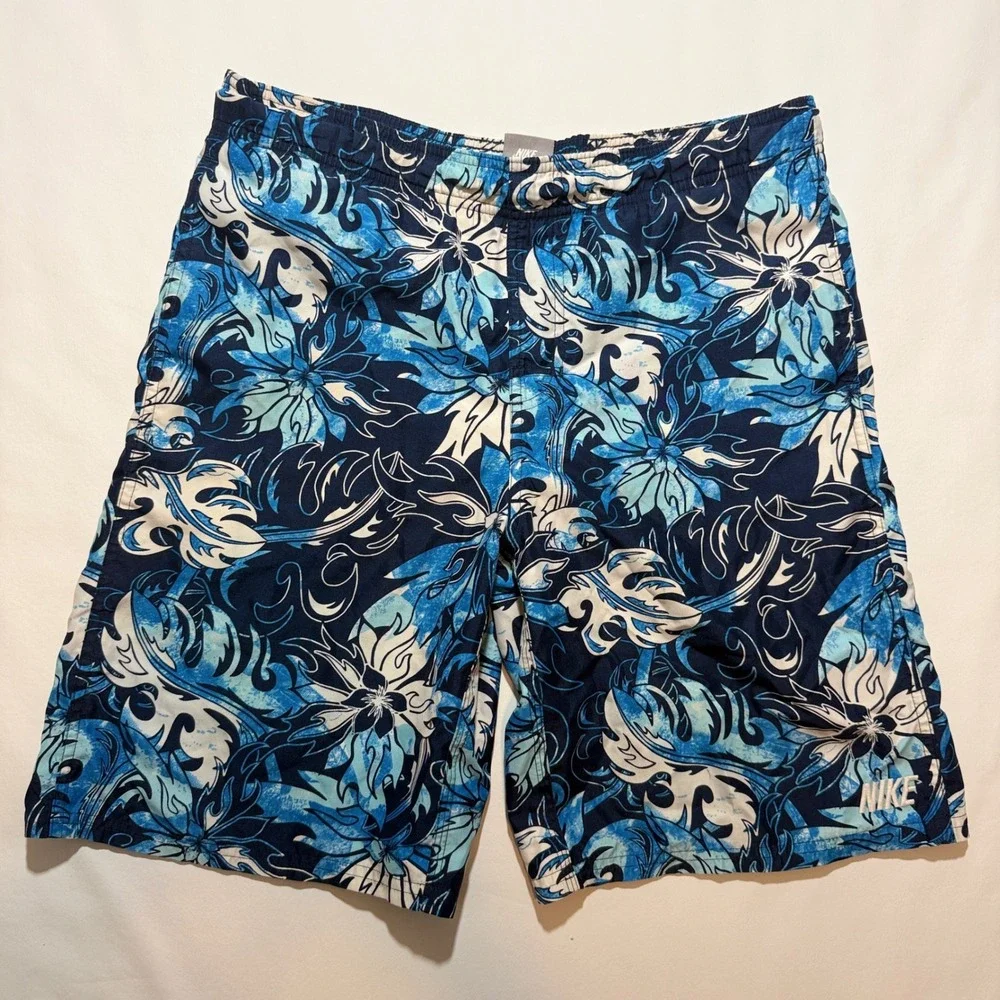 Nike Swim Trunks Men L Blue Floral Tropical Print Mesh Lined Board Shorts
